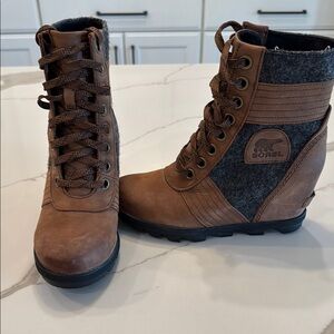 Sorel Brown and Gray Winter Boots with Wedge Heel